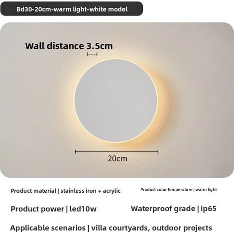 Applique murale LED ronde (20 cm, 10 W, lumière blanche) étanche IP65, idéale pour l'extérieur (couloir, entrée, porche, chambre, etc.). (1/5)