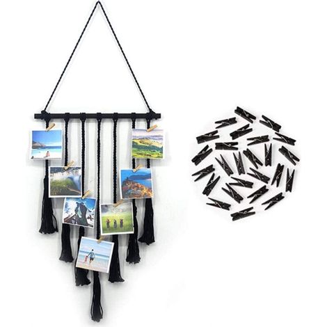 Bardusch - Cadre Photo Mural Cadre Photo Pêle-mêle avec Porte Photo Pinces Affichage Photo Mural Macramé Décoration Mural Maison Noir (1/4)