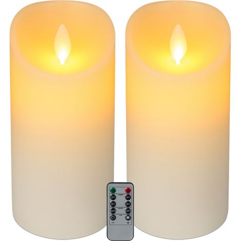 Relaxdays LED Kerzen, 2er Set, 24,5 cm, mit Fernbedienung, Timer & flackernder Flamme, Echtwachs, flammenlos, weiß