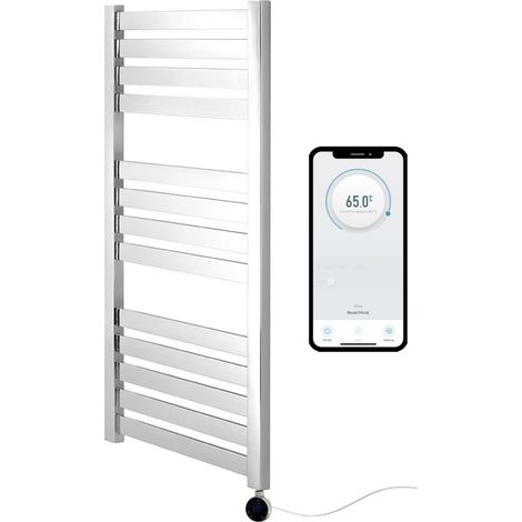 Electric VAS Heated Towel Rail Smart WiFi Controlled Stainless Steel 500mm W x 960mm H Flat 7 Day Programmable Timer App Compatibility