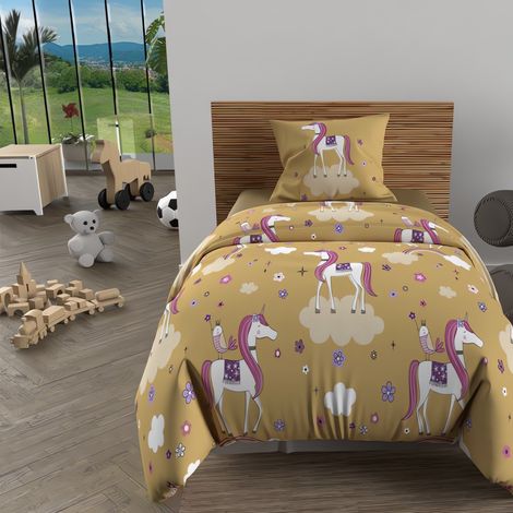 Parure housse de couette 140x200 cm LICORNES jaune, 100% coton 57 fils/cm2, par Soleil d'Ocre