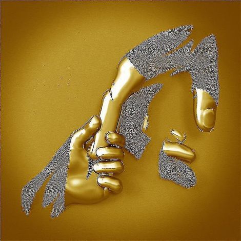 Dreidimensionale Metallwandskulptur, die ein Paar in grauer Herzform darstellt (Linglai) – 50 x 50 cm – Gold FD32