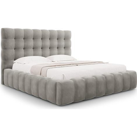 Lit coffre avec tête de lit 140x200cm en velours gris clair (1/5)
