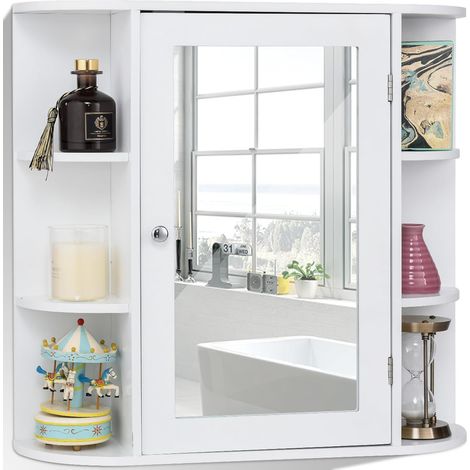 COSTWAY Armadietto da Bagno, Armadietto con Specchio, Armadietto da Parete, 66 x 17 x 63 cm, Bianco (1/5)
