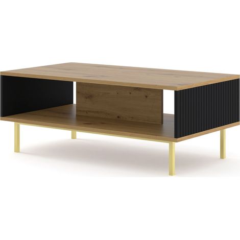 TAVOLINO DA CAFFÈ RAVENNA B IN MDF RIVESTITO IN LEGNO 90x60x45 ROVERE ARTIGIANALE NERO OPACO STRUTTURA ORO
