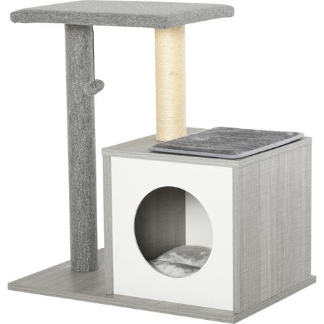 easycomfort albero tiragraffi multilivello per gatti e gattini con cuccia e colonna in corda sisal, grigio, 59 x 39 x 62cm (1/5)