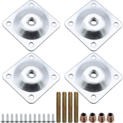 Set of 4 Square Metal Furniture Leg Mounting Plates with Hanging Bolts and Screw Adapters, Supplies for Table, Chair, Sofa Legs, Seats - Silver (1/5)