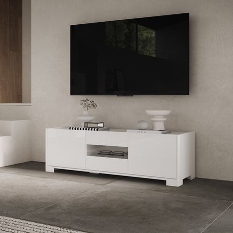Porta TV a 3 ante ROJAS Bianco Lucido con inserto in vetro Fume' 130x40 cm (1/3)
