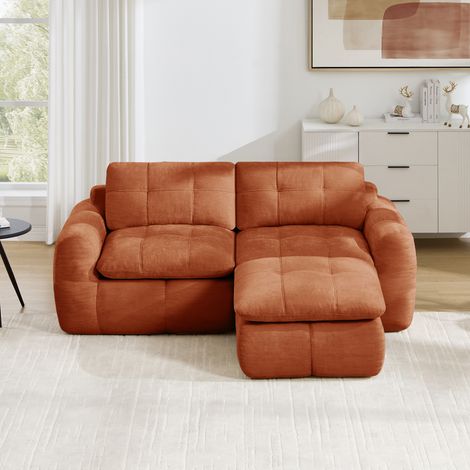 Canapé modulaire sans cadre en forme de L 2 places, design capitonné à carreaux, revêtement en chenille, dessous antidérapant, sans montage avec 1 ottoman pour salon et appartement, Orange (1/5)