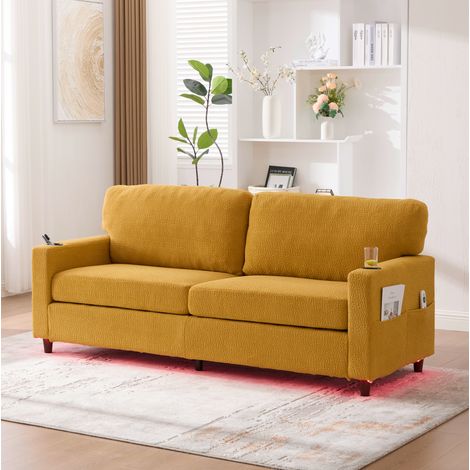Divano 2 posti in chenille giallo senape 203 cm con USB-C, LED dimmerabile e portabevande (1/5)