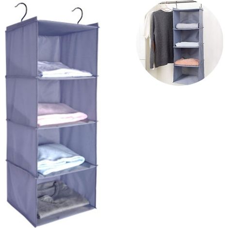 Armoire suspendue 4 compartiments, étagère en coton de haute qualité, système de rangement avec cadre en fer, gris, ensemble pliable pour camping. (1/4)