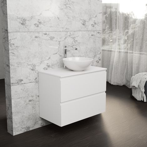 Inda - Badezimmerschrank B.80 mit Aufsatzwaschbecken / Mattweiß 2 Schubladen - Rubin (1/5)