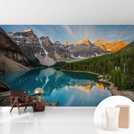 Papier peint intissé mural avec colle pour salon et chambre Décoration murale rapide - Colle incluse gratuite Reflet de montagne 416x254 cm (1/5)