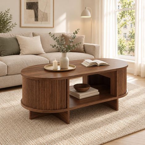 Table basse ovale, table d'appoint avec étagère ouverte et design cannelé, style scandinave, meuble pour salon et bureau, couleur noyer, 100x50x35cm (1/5)
