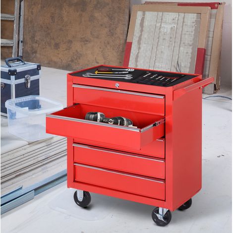 Carrello da officina a 5 cassetti con serratura e tappetini EVA, acciaio rosso DESVIAE (1/5)