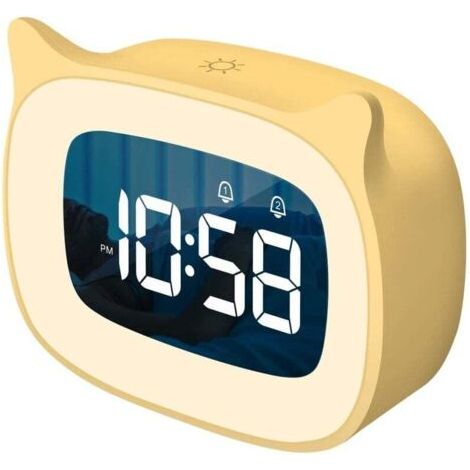 Reloj despertador infantil con luz nocturna degradada, diseño de gatito, para niños, amarillo (1/5)