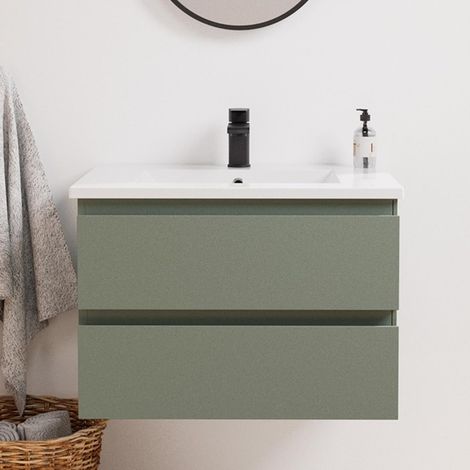 Mob-In – Ensemble meuble sous-vasque avec vasque simple 60cm – Plan céramique – Robinet mitigeur noir en acier inoxydable – 2 tiroirs de rangement