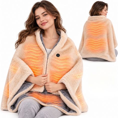 BEPER P203TFO150 Coperta Riscaldante Indossabile, Coperta Elettrica Senza Fili con Zip, 3 Livelli di Calore, Tessuto Morbido, Tasca per Power Bank, USB