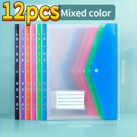 12 Dokumententaschen aus PP-Kunststoff im A4-Format, mit Druckknopfverschluss, verschiedene Farben, 11 Löcher, geeignet zur Aufbewahrung von Dokumenten in Schulen, Büros und Haushalten. (1/5)
