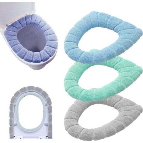 Lot de 3 housses de siège de toilette en tissu lavable et extensible, douces et épaisses, pour salle de bain (bleu, gris, vert) (1/2)