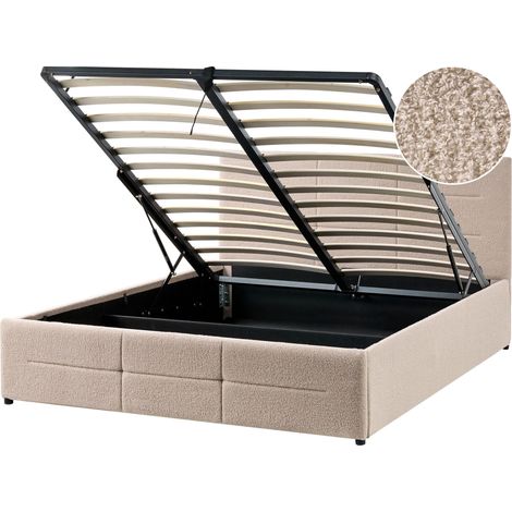 Ottoman Bed Beige Boucle EU Double Size 4ft6 Lift-Up Storage Headboard Slatted Base Modern Design MASSOGNES
