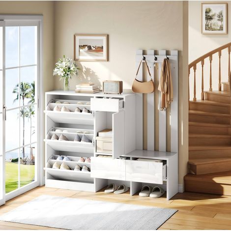 Mueble recibidor 7 en 1 160x35x160 cm MDF blanco con banco y zapatero abatible - CHICFURN (1/5)