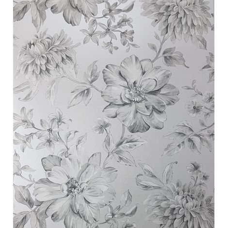 Silver Floral Wallpaper White Grey Flowers Pearlescent Metallic Crown Lucia (1/4)