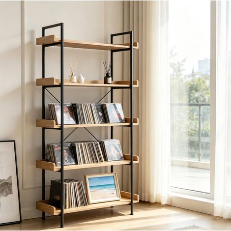 Étagère bibliothèque à 5 niveaux 91 x 25,5 x 173 cm en MDF et métal noir et chêne clair DESVIAE (1/4)
