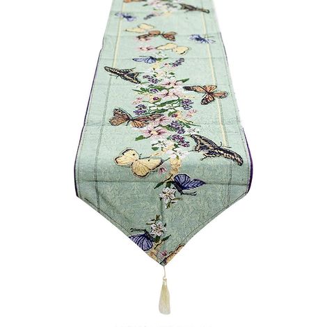 Nappe brodée à fleurs pour chemin de table papillon avec ornements à pompons (1/5)