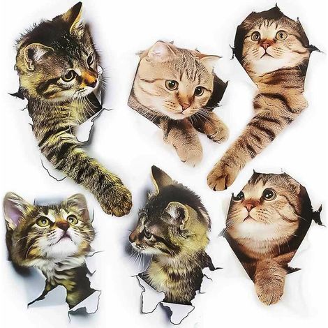 6 morceaux Adorable Autocollants Chat Muraux 3D Mural Chat Autocollant Muraux 3D Amovible pour la décoration de la Chambre (1/5)