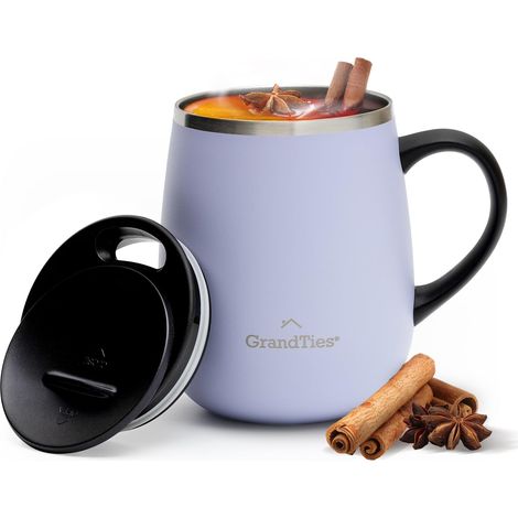 Tasse à café isotherme avec poignée – Couvercle coulissant pour protéger contre les éclaboussures – Tasse isotherme de 473,6 g avec double paroi sous vide en acier inoxydable pour garder les (1/5)