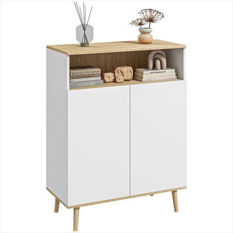Buffet scandinave 2 portes blanc et bois rangement sur pied (1/5)