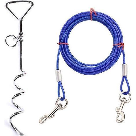Hundeleine mit Hering, 10 Meter Stahlseil, 360° drehbarer Anti-Verwicklungs-Wirbel, blaues Outdoor-Set, rostbeständig. (1/4)