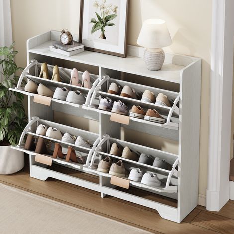 Meuble à chaussures, range-chaussures gain de place pour entrée et couloir, 4 abattants avec façade texturée 3D et poignées dorées en MDF, Blanc (1/5)