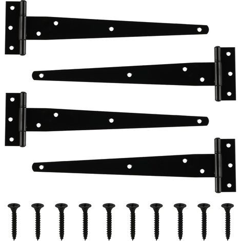 Lot de 4 charnières en T robustes de 25,4 cm, charnières de porte de grange galvanisées noires pour portes d'abri de jardin et clôtures en bois (1/4)