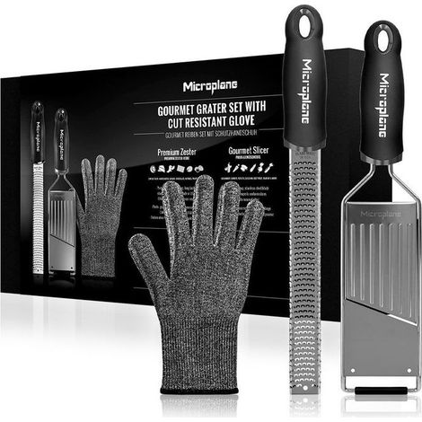 Microplane 36179 Gourmet Set Grattugia con Guanto Protettivo Acciaio Inossidabile colore Nero