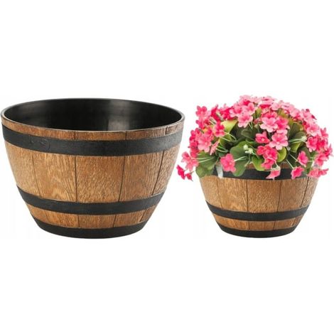 Maceta, imitación madera, marrón claro, 40 cm, barril