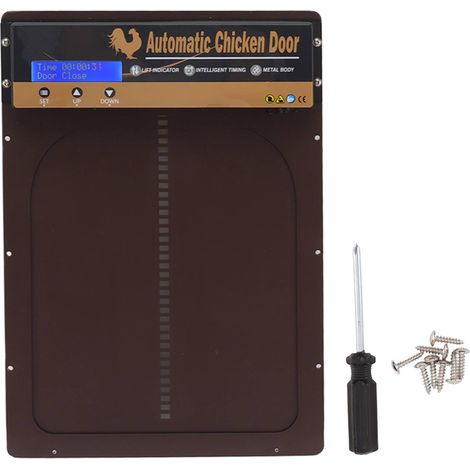 Automatische Hühnerstalltür mit Zeitschaltuhr, aus Aluminiumlegierung, HD-LED-Display, batteriebetrieben, ideal für den Einsatz auf Bauernhöfen, braun (1/5)
