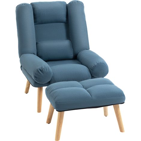 Recliner Chair with Footstool, Recliner Armchair with Adjustable Backrest, Thick Cushion Wooden Legs, Blue (1/5)