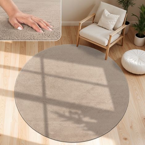 Paco Home Alfombra Moderna para Salón a Pelo Corto Lavable Suave Uni Efecto Piel Antideslizante Taupe, 80 cm redon