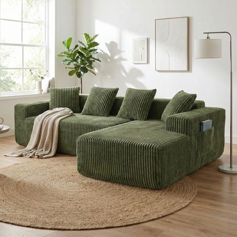 Canapé d'angle compressé 3 places velours côtelé Vert,Canapé modulaire,Assises profondes,Chaise longue droite,Sans assemblage,261x156x80cm (1/5)