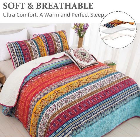 Couvre-lit matelassé bohème Double 3 pièces Patchwork Couvre-lit Courtepointe réversible Doux literie en Microfibre 220 240 cm (1/4)