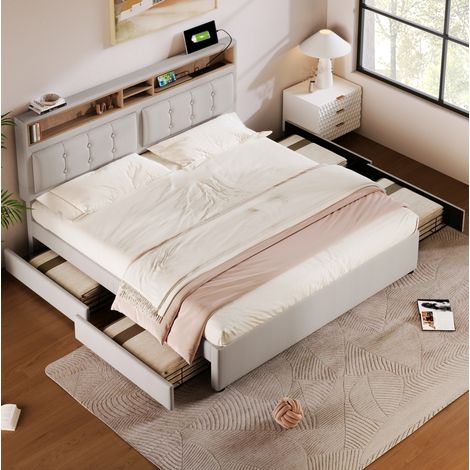 CHICFURN lit double rembourré avec tiroirs tête de lit réglable prises intégrées modèle 041920AAB 140 200 beige (1/5)
