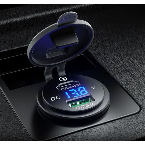 Ladegerät für tragbare Geräte, USB-C-Auto-Schnellladegerät 12 V/24 V QC 3.0 64 W, wasserdichtes USB-Ladegerät mit Doppelsteckdose und LED-Voltmeter für Auto, Boot, Wohnmobil, Motorrad, CMODIHI