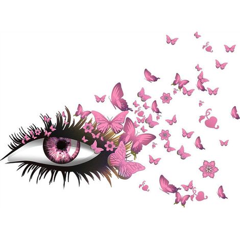 Autocollants muraux avec de beaux cils et des papillons volants, décoration murale en forme de cœur pour une belle fille
