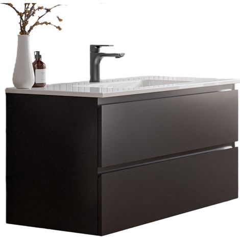 BERNSTEIN - Mobile lavabo sospeso MDF nero opaco, lavandini bianco lucido + foro troppopieno, piletta - 100x46x50cm - AVA Bianco lucido, Nero opaco