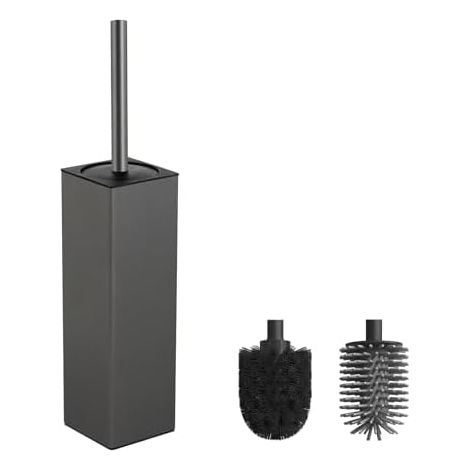 Toilet Brush, Metal Toilet Brush Including 2 Brush Heads, Freestanding Square Toilet Brush for Bathroom Grey (1/5)