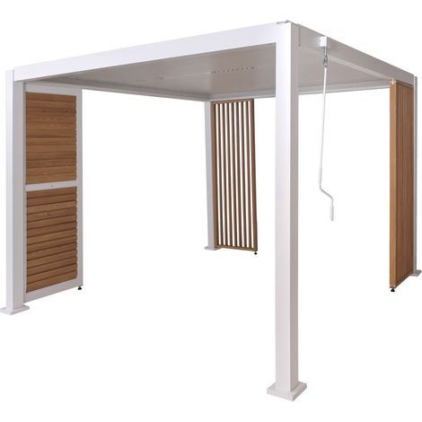 Pergola HHG-522 mit 1x Lamellenwand und 2x Seitenwand, Lamellen-Pavillon, 10cm-Alu-Gestell 3x3m Holzoptik weiß