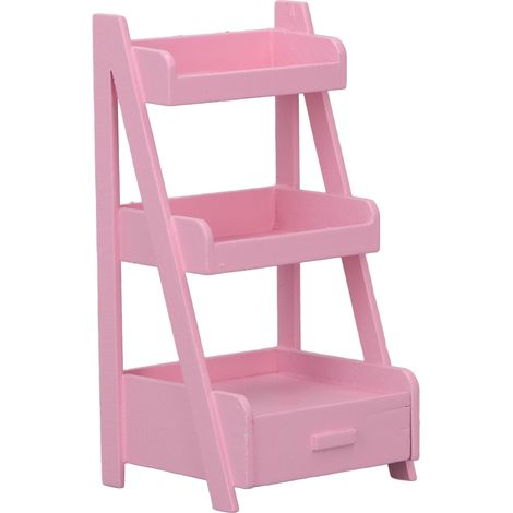 Étagère fleurs 3 étages en bois bouleau rose pour maison de poupée 1:12, tiroir rangement inclus, support artisanal pour enfants (1/5)