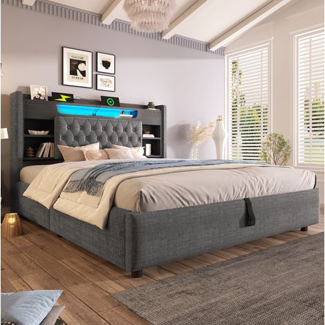 Cama tapizada 223x188x115 cm con cabecero con estantería, luces LED y puertos de carga, lino gris (1/5)